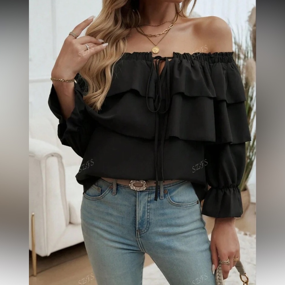 Stylish Black Ruffle Off-Shoulder Blouse - Picture 5 of 5